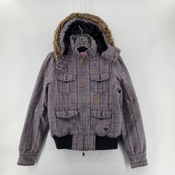 Roxy Jacket Girls Youth Size Large Faux Fur Hood Pockets Front Full Zip Tartan - Picture 1 of 14